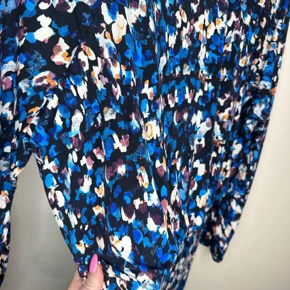 Maggy London Raglan Long Sleeve Crew Neck Blue Speckled Print Blouson Midi Dress - Picture 4 of 14